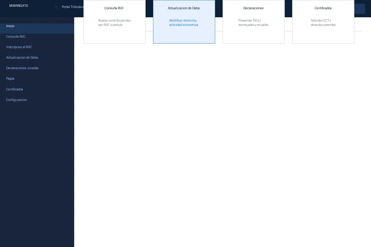 Menú de navegación del portal Marangatu con la opción Actualización de Datos resaltada