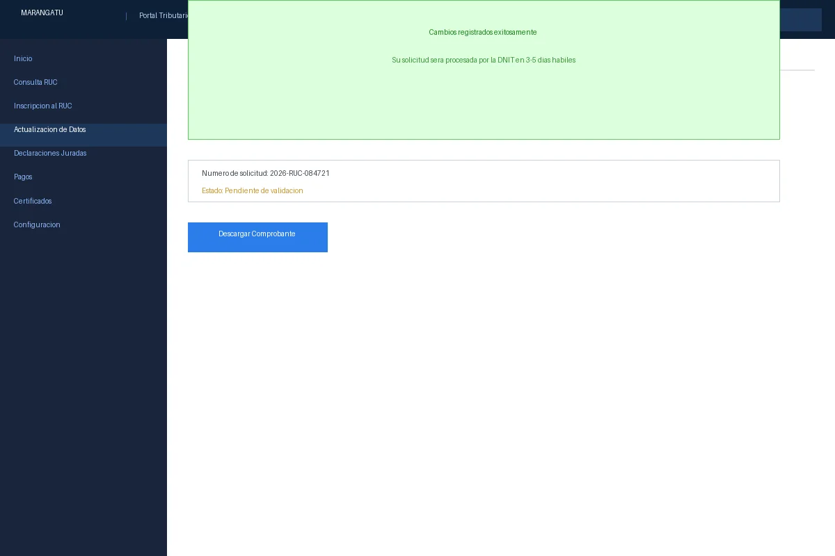 Pantalla de confirmación de Marangatu con el resumen de cambios y botón de descarga del comprobante