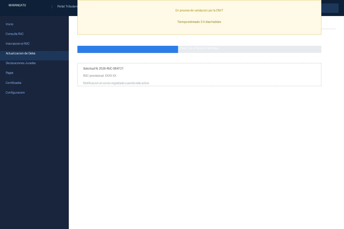 Pantalla de estado del trámite en Marangatu mostrando 'En proceso de validación por la DNIT'